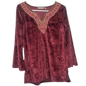 Soft Surroundings Tunic Top M Burgundy Velvet Burnout Embroidered Boho